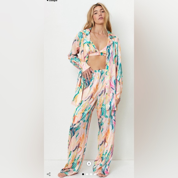 Nasty Gal Satin Marble Colorful Two Piece Wide Leg Pants Set US12 - Picture 10 of 14